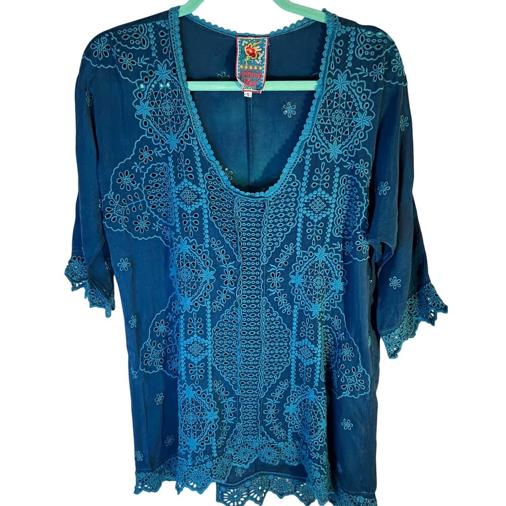 JOHNNY WAS Blue Embroidered Eyelet Hi-lo Tunic Small Cupra Rayon